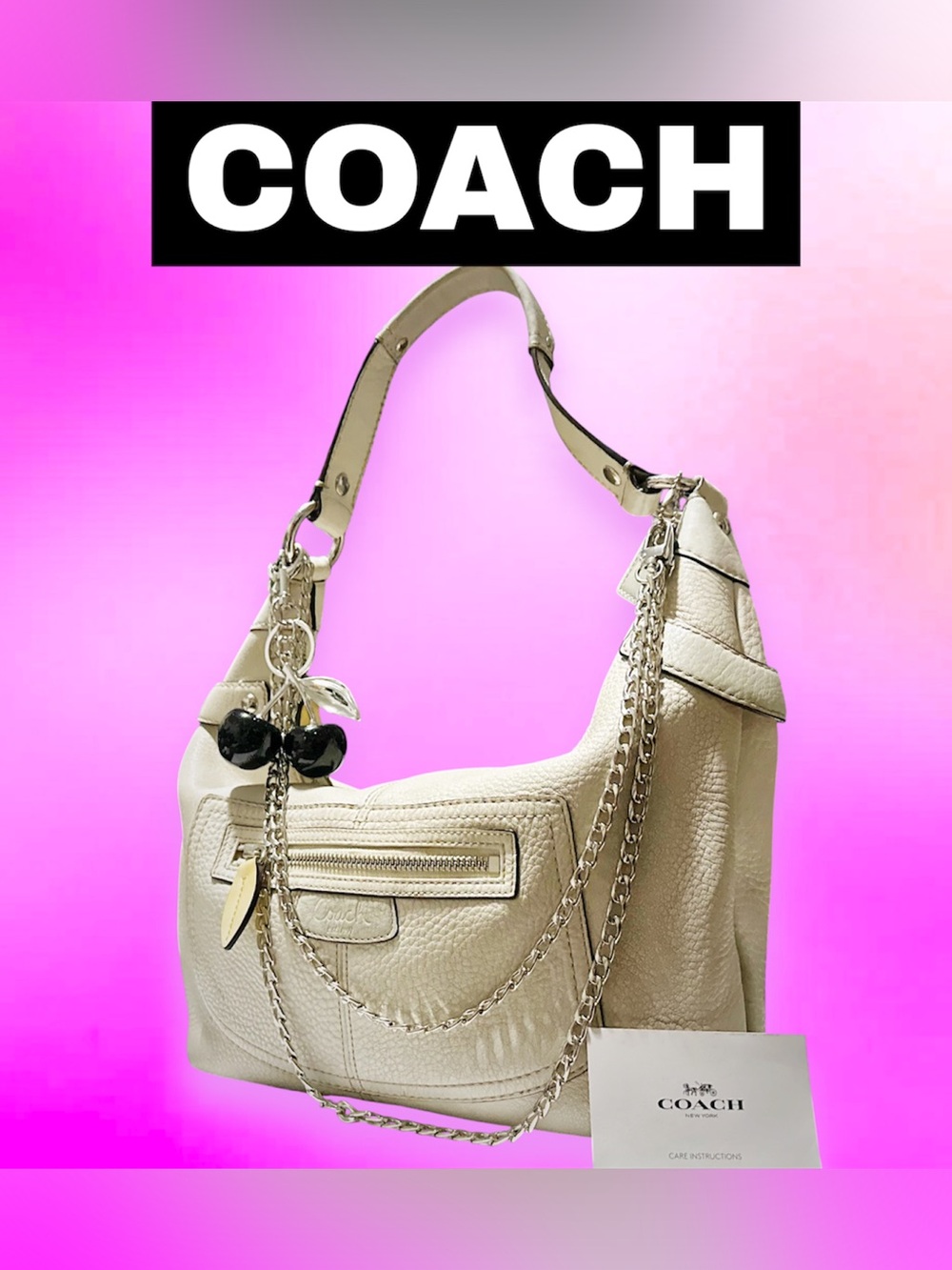 Vintage Coach soho Cream Pebbled Leather Shoulder Bag with Chain Detail